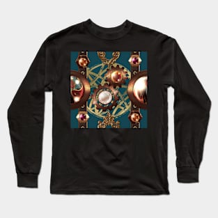 Steampunk Copper Leather Gears on Dark Teal Long Sleeve T-Shirt